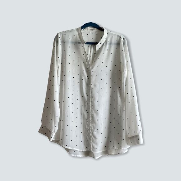 Sheer White button down blouse with polka dots L - Picture 1 of 8